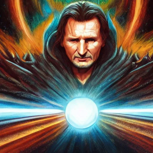 Prompt: Liam Neeson as the prophet Elijah calling down fire, symmetrical, smooth, sharp focus, art by magali villeneuve and art germ, concept art, very high quality