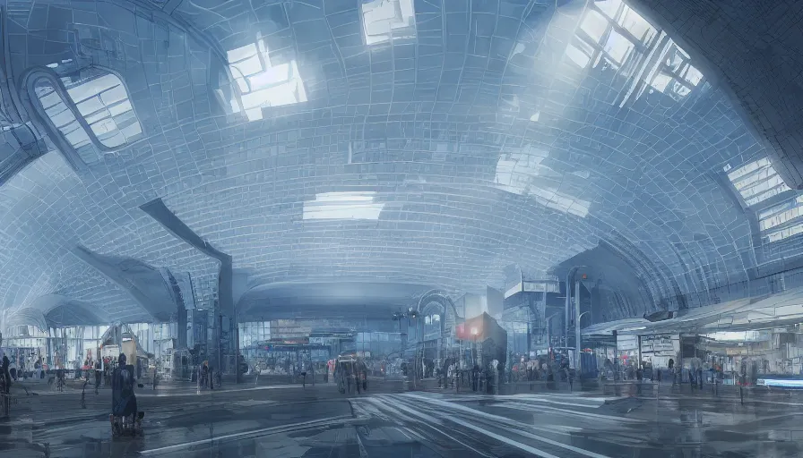 Image similar to futuristic liege, belgium with white dome train station with blue lights, volumetric light, hyperdetailed, artstation, cgsociety, 8 k