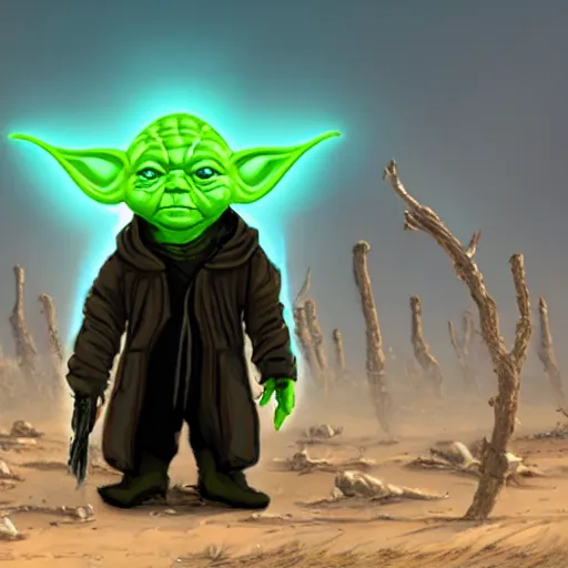 Prompt: cyberpunk Yoda in a wasteland