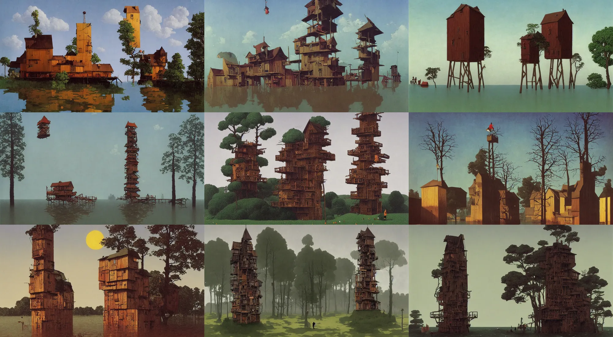 Prompt: single flooded simple wooden tower!, very coherent and colorful high contrast!! masterpiece by rene magritte simon stalenhag carl spitzweg syd mead norman rockwell edward hopper james gilleard, minimalist, dark shadows, sunny day, hard lighting, tree