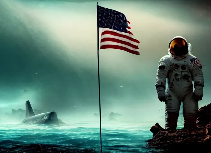 Image similar to astronaut holding a flag in an underwater desert. a submarine is visible in the distance. dark, concept art, cinematic, dramatic, atmospheric, 8 k, trending on artstation, blue, fish, low visibility, fog, ocean floor, christopher nolan, interstellar