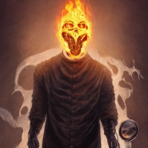 Prompt: ghost rider as a plague doctor with the plague doctor mask half burnt off showing his face, beautiful artwork by artgerm and rutkowski, by akira toriyama, breathtaking, beautifully lit, dramatic lighting, full view