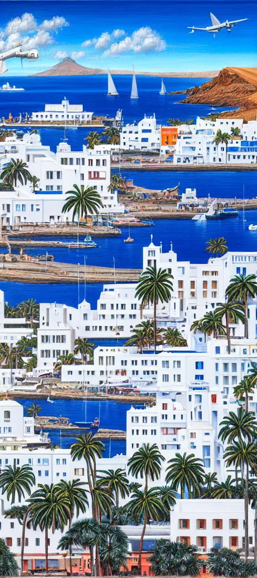 Prompt: hyperrealistic painting of lanzarote, mechanical designs, white houses and palms, boats, airplanes, technological, detailed engineering, vivid color, elegant, meticulous, cinematic, cyberpunk style, highly detailed, realism, intricate, acrylic on canvas, 8 k resolution, concept art, by noriyoshi ohrai, francesco di giorgio martini