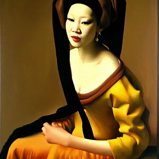 Image similar to a beautiful painting coco lee, by jan vermeer realistic oil painting