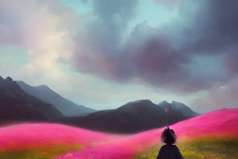 Image similar to giant dahlia flower crown under head, girl walking on mountain, surreal photography, pink storm clouds, dramatic light, impressionist painting, digital painting, artstation, simon stalenhag