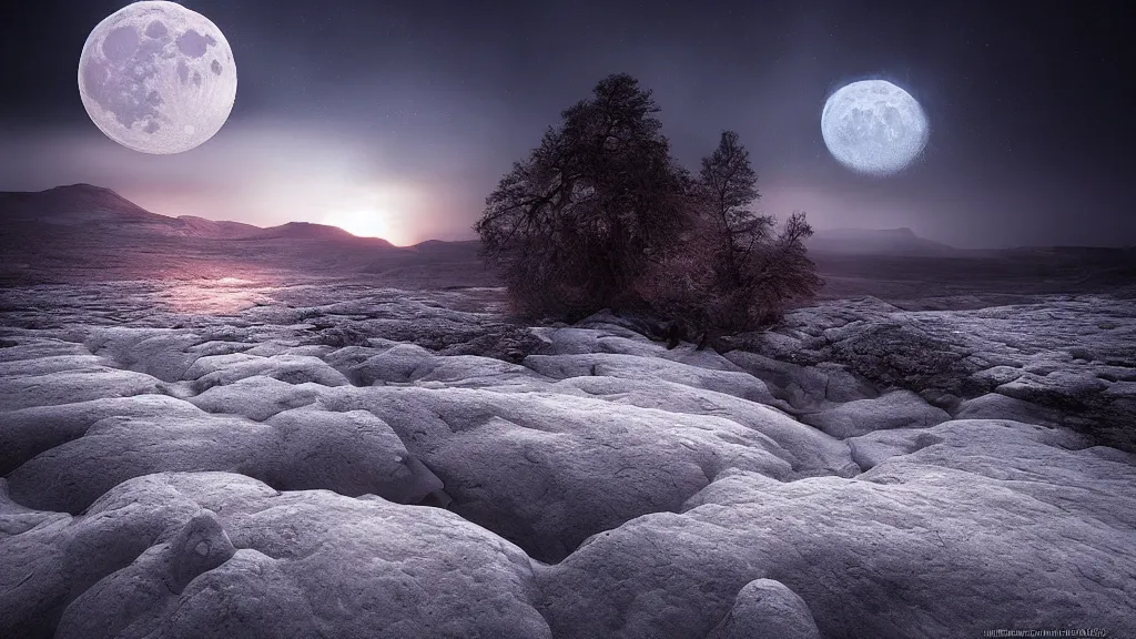 Image similar to amazing landscape photo of the moon by marc adamus, beautiful dramatic lighting