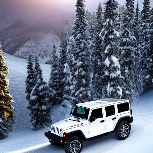 Prompt: white jeep wrangler driving up steep snowy mountain ridge on edge of a cornice, dramatic lighting, cinematic, photo realism