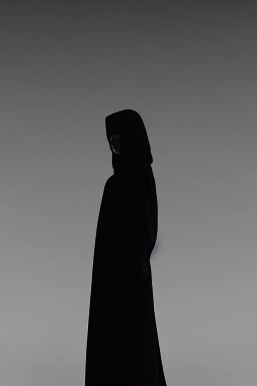 Image similar to a girl wearing long futuristic dark cloak by yohji yamamoto standing in a shadow of the moon light, sense of mystery, muted colors, simple shapes, long shot, full shot, by bill henson, by gregory crewdson, golden ratio, perfect composition, dramatic, fine detail, intricate, octane render, 8 k