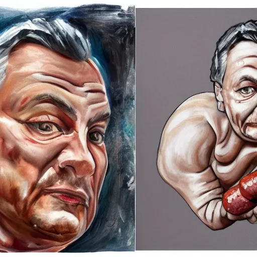 Image similar to old child paints a sausage and viktor orban on white paper, anatomically correct, oil painting, hyper realistic, 8 k highly detailed