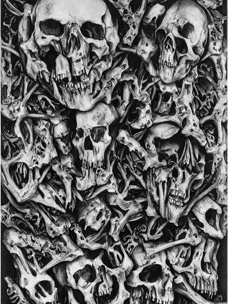 Prompt: Hyper-realistic black and white Valentine's Day card made of skulls and bones by H.R. Giger