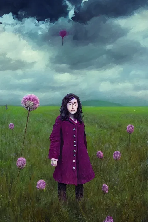 Image similar to portrait, enormous thistle flower head, girl wearing a coat in field, surreal photography, wind, cloudy sky, dramatic light, impressionist painting, digital painting, artstation, simon stalenhag