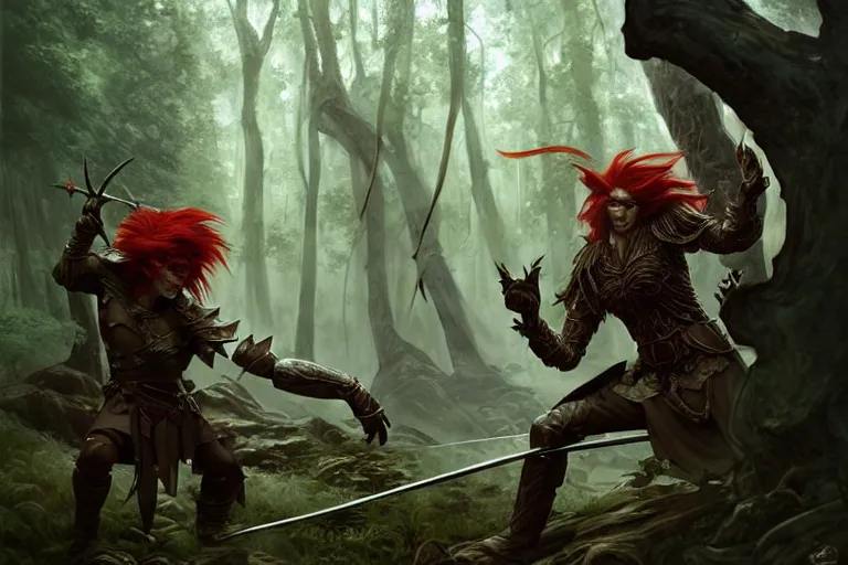 Prompt: male wood elf with long red hair wearing an eye patch and leather armor fighting a stone troll, in mysterious forest, dusk, fantasy, intricate, elegant, highly detailed, digital painting, artstation, concept art, matte, sharp focus, illustration, art by roberto ferri and greg rutkowski and alphonse mucha