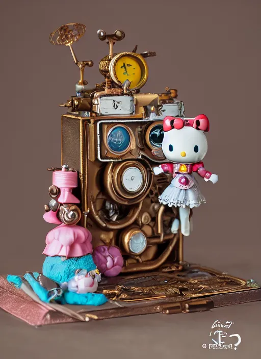 Image similar to product photography of a claymation action figure steampunk hello kitty, depth of field, zeiss lens, detailed, centered, by erwin olaf, joop geesink, wes anderson, breathtaking, 8 k resolution, extremely detailed, beautiful, establishing shot, realistic materials, hyperrealistic