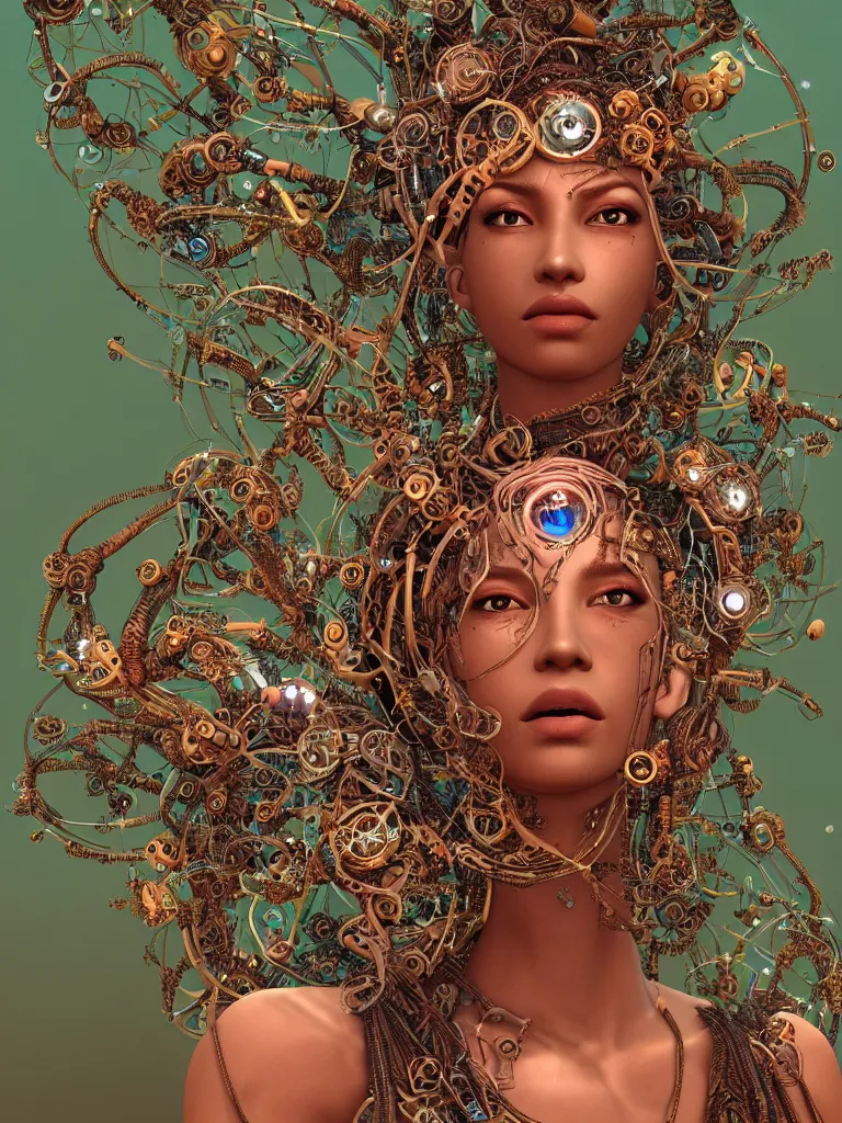 Image similar to a photo real centered image of a single beautiful tribal goddesses surrounded by intertwining bio - mech tendrils made of machine and robot parts and gemstones and leaves and feathers and incense smoke, full body, gorgeous face, perfect face, powerful, by james jean, by ross tran, 3 d, cinema 4 d render, trending on artstation, octane render, 8 k