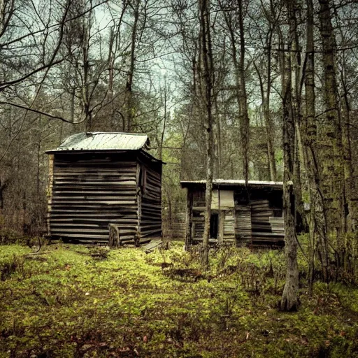 Image similar to delapidated cabin in a forest, near a creek