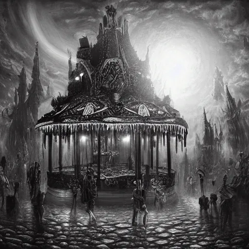 Prompt: ultra realist soft painting of a curiosities carnival by night, horror, omnious sky, symmetry accurate features, very intricate details, Elden Ring, black and white, volumetric light clouds