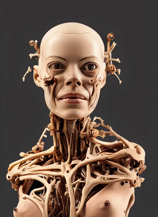 Image similar to a bust sculpture of anatomical detailed wood cyborg, emma stone, green blod, become human, ceramic base, orthographic, studio lighting