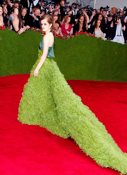 Prompt: emma watson wearing an avocado shaped dress in metagala, standing in the middle of red carpet under spotlight, pentax k 1 0 0 0, ray tracing, professional photomanipulation, fully detailed, dalle 2 style