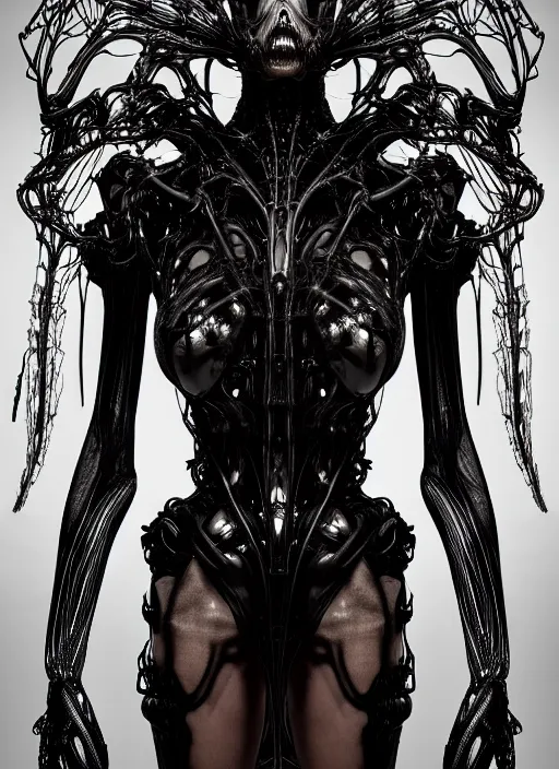 Image similar to iris van herpen gothic inflateble dark dress, perfect symmetrical body, helmet on face, full body shot, alien, plant predator, guyver, giger, wires, tubes, veins, jellyfish, white biomechanical details, wearing epic bionic cyborg implants, masterpiece, intricate, biopunk, vogue, highly detailed, artstation, concept art