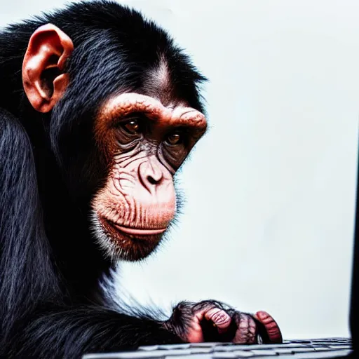 Prompt: a chimp sitting at a computer smashing his fists on the keyboard, 4k