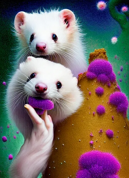 Image similar to hyper detailed 3d render like a Oil painting - kawaii portrait Aurora (white haired Sable Ferret) seen Eating of the Strangling network of yellowcake aerochrome and milky Fruit and Her delicate Hands hold of gossamer polyp blossoms bring iridescent fungal flowers whose spores black the foolish stars by Jacek Yerka, Mariusz Lewandowski, Houdini algorithmic generative render, Abstract brush strokes, Masterpiece, Edward Hopper and James Gilleard, Zdzislaw Beksinski, Mark Ryden, Wolfgang Lettl, hints of Yayoi Kasuma, octane render, 8k