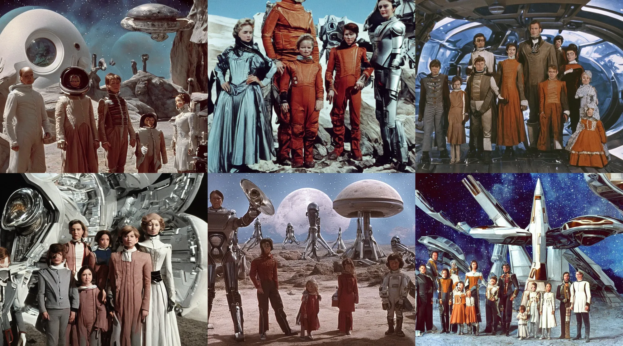 Prompt: sharp, detailed, 256k film still from a sci fi blockbuster color movie made in 1980, set in 1860, of a family standing in front of a spaceship that has just landed on an alien planet, a humanoid alien creature stands nearby, the family are all wearing 1850s era clothes, cinematic lighting, good photography, sharp focus