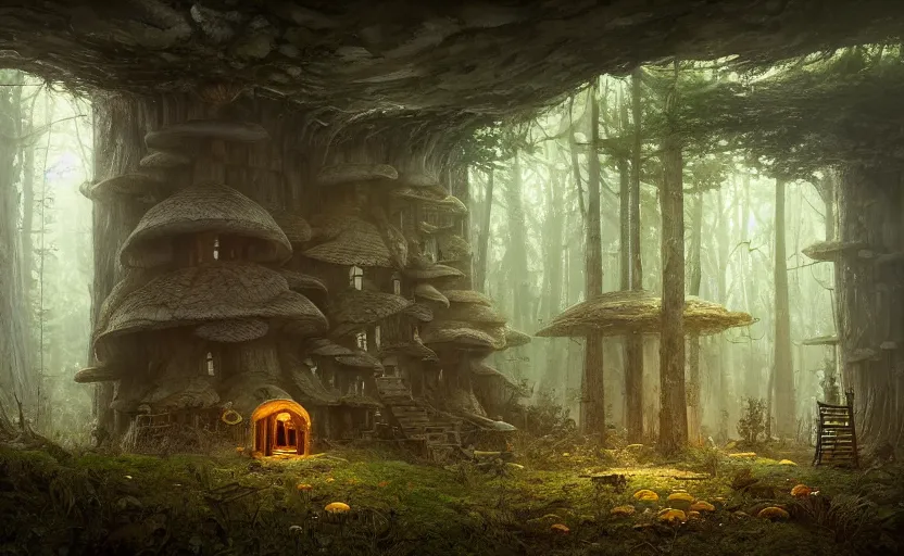 Image similar to A mushroom house in a tall mushroom, warm light coming from the windows, in a dark forest, macro, cool tones, underexposed, overecast, mysterious matte painting by greg rutkowski and marc simonetti and Ivan Shishkin, 4k