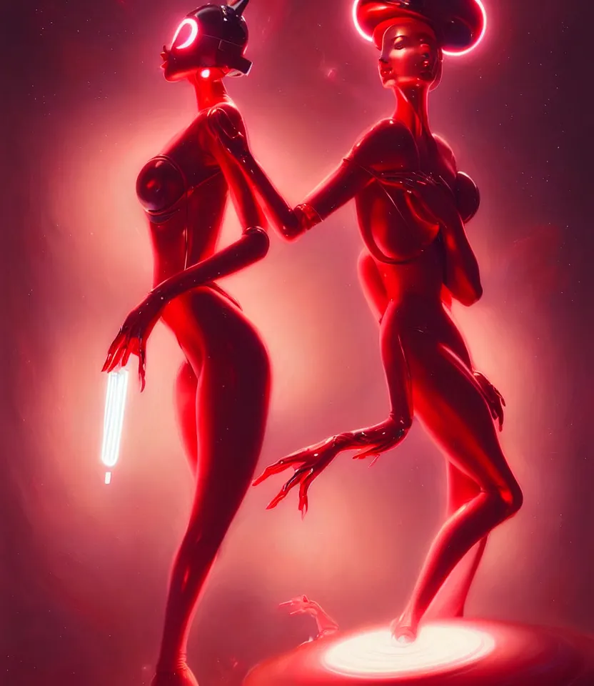 Image similar to beautiful fantasy woman android with bright lipstick wearing glowing red dress with white fur, seductive pose, futuristic, ultra realistic, dramatic lighting, robots, highly detailed by peter mohrbacher, hajime sorayama, wayne barlowe, boris vallejo, aaron horkey, gaston bussiere, craig mullins