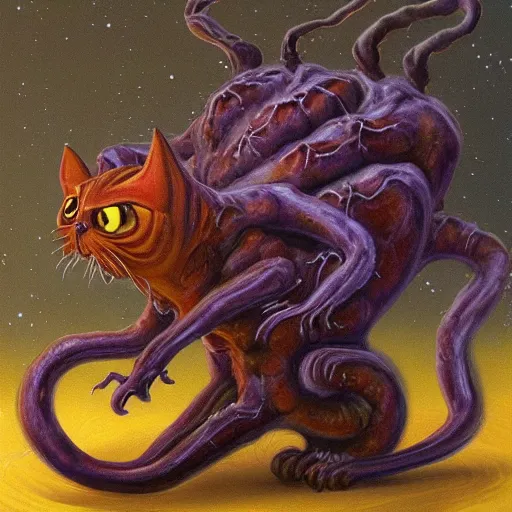 Image similar to painting of an eldritch alien cat creature that looks like garfield, eating lasagna, in the style of wayne barlowe