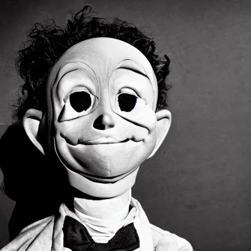 Image similar to high detailed portrait of a ventriloquist dummy in eraserhead staring and smiling, scary, horrifying, creepy