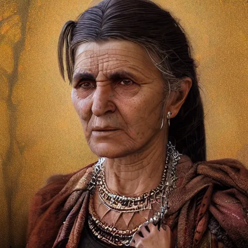 Image similar to hyperrealistic mixed media high resolution image of a beautiful Kurdish grandmother, stunning 3d render inspired art by István Sándorfi and Greg Rutkowski and Unreal Engine, perfect symmetry, dim volumetric lighting, 8k octane beautifully detailed render, post-processing, extremely hyper-detailed, intricate, epic composition, highly detailed attributes, highly detailed atmosphere, full body shot, cinematic lighting, masterpiece, trending on artstation, very very detailed, masterpiece, stunning, flawless structure, lifelike texture, perfection,