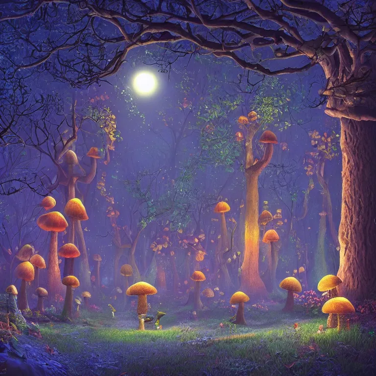 Image similar to an enchanted mushroom forest inspired by Evgeny Lushpin, midnight, full moon, cinematic, intricate, very detailed