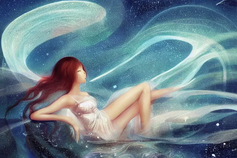 Image similar to beautiful Wizard Korean Goddess wearing chic dress relaxing at the Sea Of Stars of Vaadhoo Island Maldives, Bioluminescent sea plankton that shines bright blue during the night makes the sea area, glowing water, intricate, elegant, luxurious, digital painting, concept art, smooth, sharp focus, from Star Trek 2021, illustration, by WLOP and Ruan Jia and Mandy Jurgens and William-Adolphe Bouguereau, Artgerm