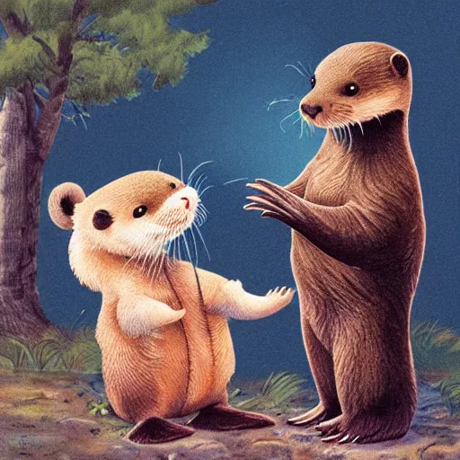 Image similar to an otter child wearing cute overalls holds out a chestnut in its paws, fantasy illustration,