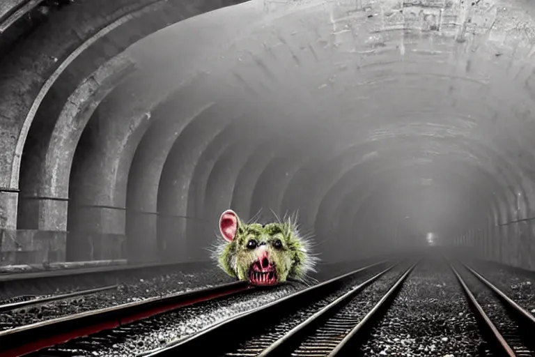 Image similar to very large giant mutant zombie irradiated ( angry rat ) staying on railways in tonnel of moscow subway. tonnel, railways, giant angry rat, furr, fangs, claws, very realistic. fog, extreme long shot, herman nitsch, giger, anish kapoor.