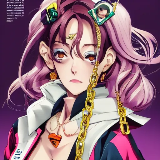 Image similar to Magazine Cover Anime key visual of a Gucci girl; official media; typography; drawn by Hirohiko Araki; Jojo's Bizarre Adventure; Jojolion, portrait, made by Stanley Artgerm Lau, WLOP, Rossdraws, James Jean, Andrei Riabovitchev, Marc Simonetti, Yoshitaka Amano, ArtStation