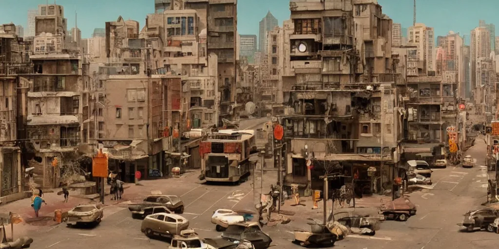 Prompt: a cinematic movie shot of a cheerful and whimsical post-apocalyptic city street by Wes Anderson