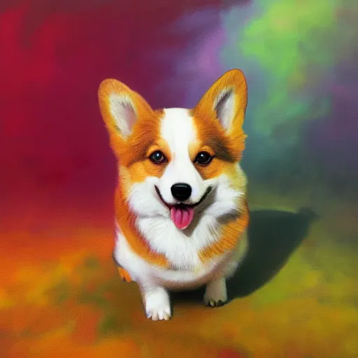 Prompt: a photorealistic painting of a corgi by johfra bosschart, lisa frank, dark fantasy art, high detail, trending on artstation