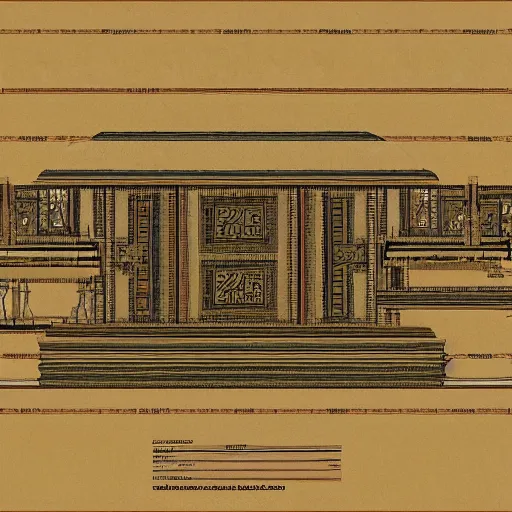 Image similar to detailed schematic for an ancient temple construction, faded parchment, aged, descriptions, highly detailed, 8 k,