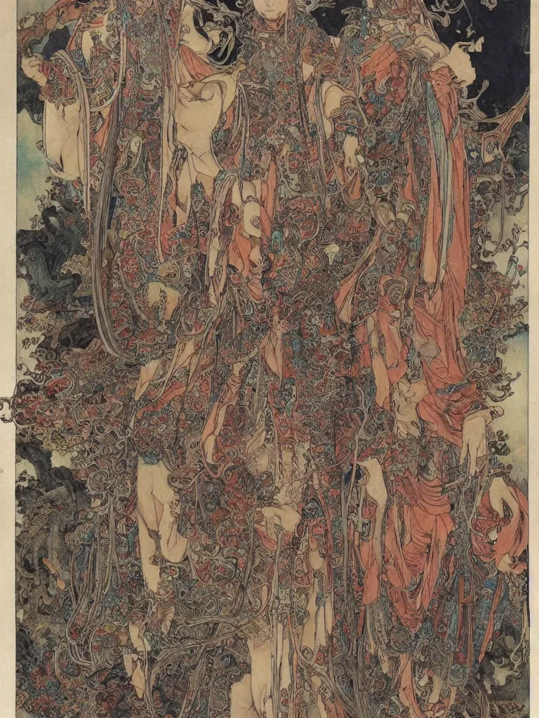 Image similar to ancient chinese zombies with luxuriant full - body official clothes of the qing dynasty, a incredible symmetrical concept design, psychedelic, highly detailed upper body, by mucha, hr giger, zdzislaw