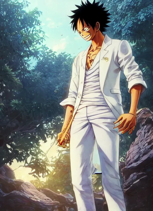 Prompt: Luffy wearing a white suit, candid shot, intricate, extremely detailed painting by Henry Justice Ford and by Greg Rutkowski and by Moebius, golden hour