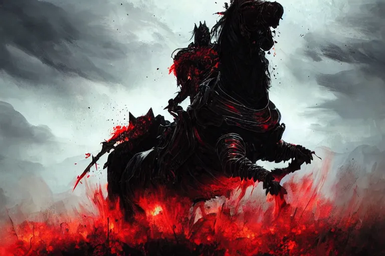Prompt: a angry knight in full plate of black armor, splattered with blood, riding a large black horse, with red glowing eyes, flowing red mane and tail, blackened clouds cover sky, crackling with lightning, a castle in distance burns, concept art by greg rutkowski, craig mullins, todd mcfarlane,