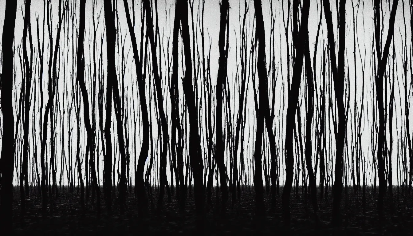 Image similar to silhouette of a person in wavy flood thin birch swamp, scary, dark, atmospheric, ambient vibe, very detailed, 8 k