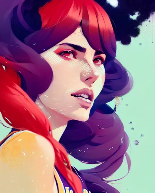 Image similar to a ultradetailed beautiful panting of a stylish woman in a lakers jersey, by conrad roset, greg rutkowski and makoto shinkai, trending on artstation