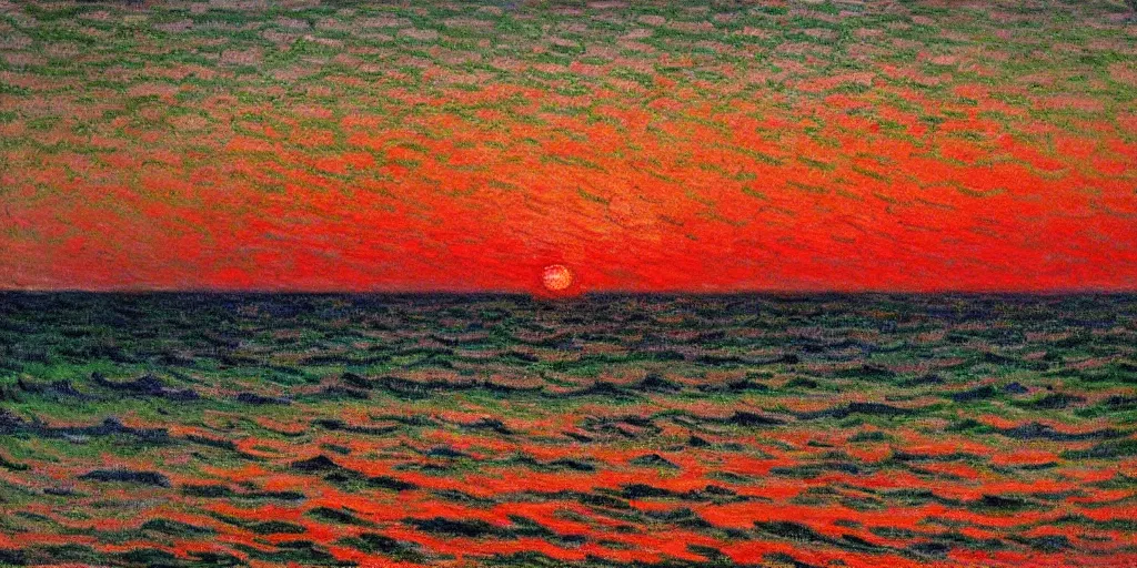 Prompt: An aesthetically pleasing, dynamic, energetic, lively, well-designed digital art of a sunset, beach, ship on horizon, light and shadow, caustics, by Claude Monet, superior quality, masterpiece, excellent use of negative space.