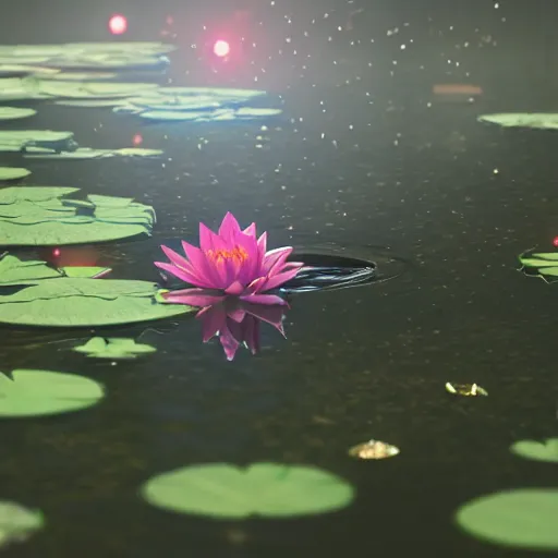 Image similar to a closeup photograph of waterlily gundam stepping out of a pond with a lazer rifle dripping water. film still. brightly lit scene. this 4 k hd image is trending on artstation, featured on behance, well - rendered, extra crisp, features intricate detail, epic composition and the style of unreal engine.