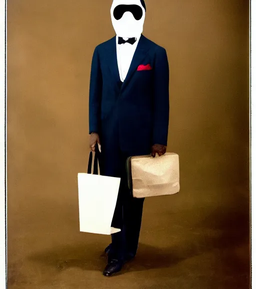 Image similar to man in a suit with bag over face, vintage technicolor film photo, grainy, high detail, high resolution