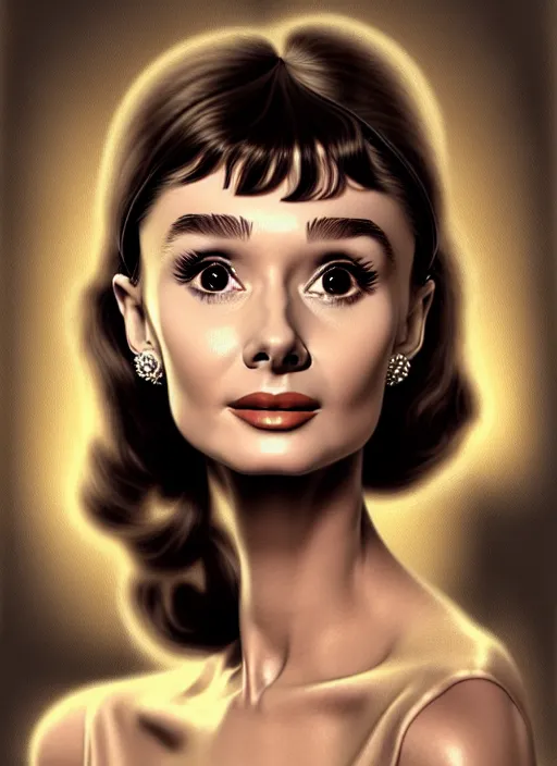 Prompt: portrait of young audrey hepburn with bangs, 1 9 7 0 s, long hair, groovy hairband, bangs, intricate, elegant, glowing lights, highly detailed, digital painting, artstation, concept art, smooth, sharp focus, illustration, art by wlop, mars ravelo and greg rutkowski