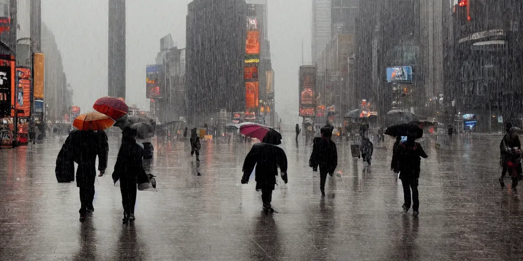Prompt: a rainy day in a bustling lively city with, muted, dull