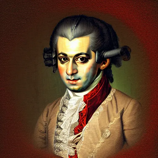 Image similar to Mozart with bloodshot eyes holding a weed joint in his hand, digital art